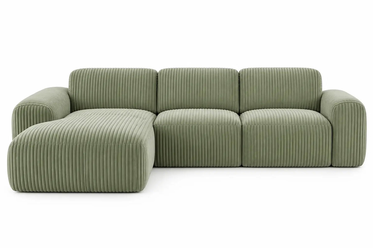 Green upholstered L-shaped corner sofa with channel-tufted cushions, stylish and comfortable for modern living rooms.