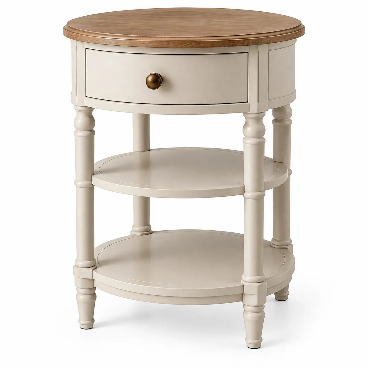 Round-edged white and brown storage side table from periodpieceshop, featuring a sleek, modern design with spacious compartments.