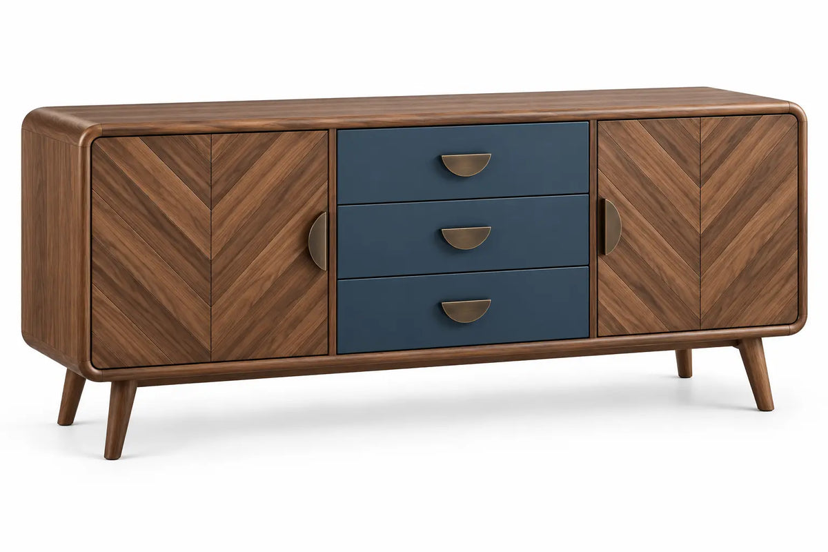 Brown and blue storage sideboard with a herringbone pattern, featuring a sleek wooden design and spacious drawers.