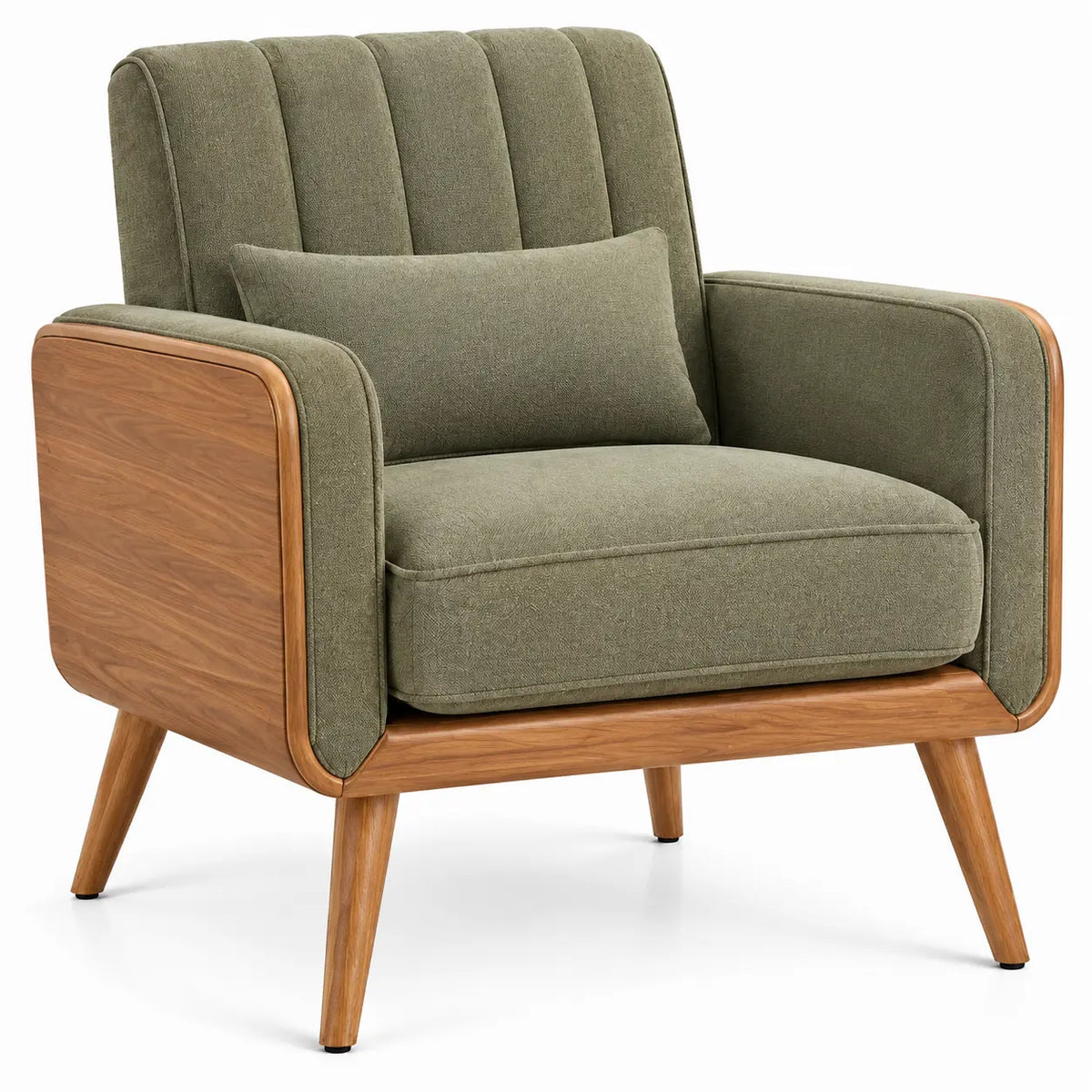 A green and brown upholstered armchair with quilted channel-tufted design, ideal for stylish living room furniture.