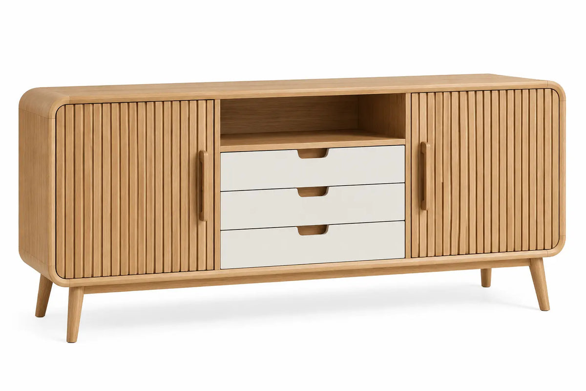 Wooden storage sideboard with vertical line details and drawers in brown and white, ideal for modern living spaces.