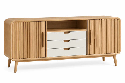 Wooden storage sideboard with vertical line details and drawers in brown and white, ideal for modern living spaces.