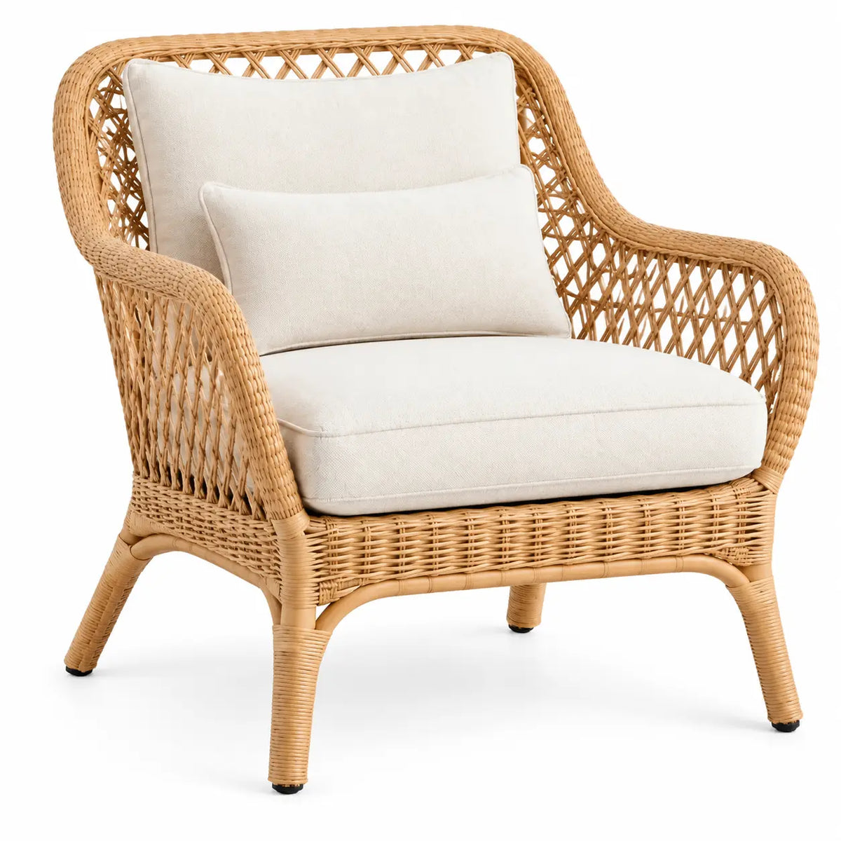 Beige and brown open-structured armchair with woven details, stylish furniture piece from Period Piece Shop.