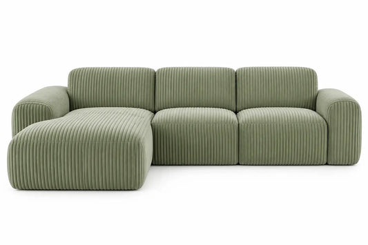 Green upholstered L-shaped corner sofa with channel-tufted cushions, stylish and comfortable for modern living rooms.