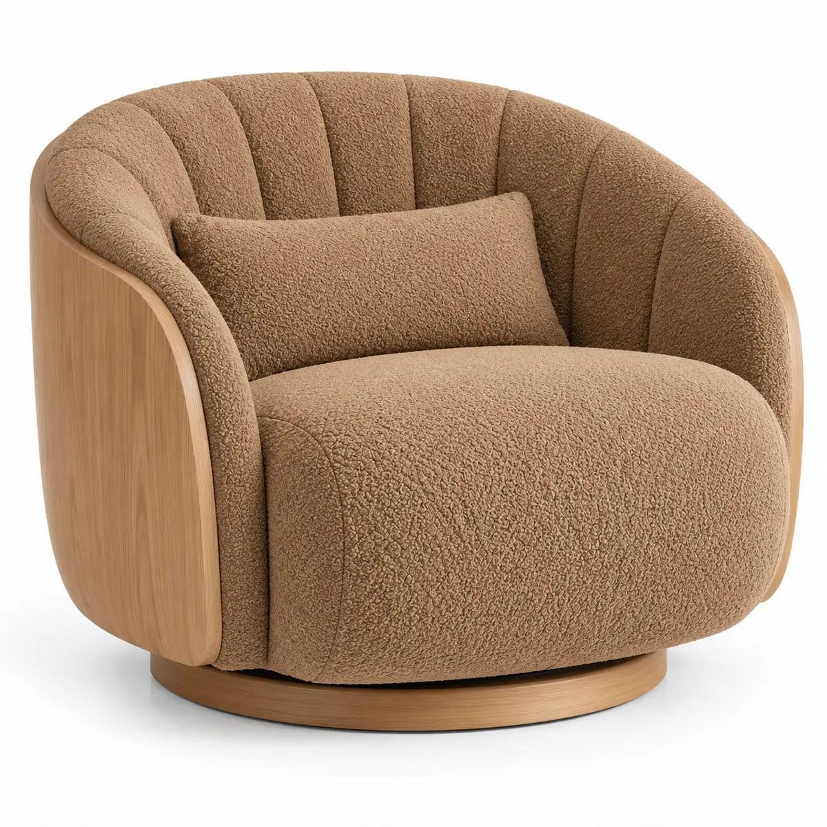 Curved-line upholstered armchair with channel-tufted cushioning in brown, modern furniture piece from PeriodPieceShop