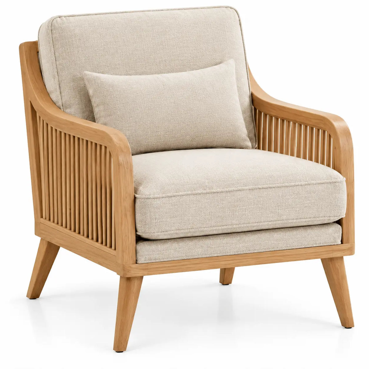 Beige and brown open-structured armchair with vertical line details, modern furniture piece by periodpieceshop.