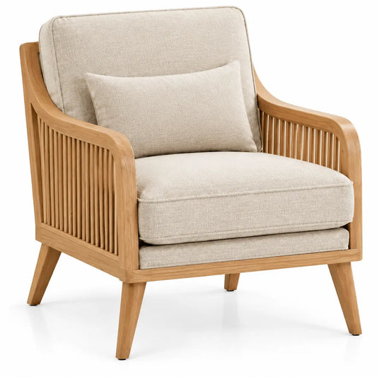 Beige and brown open-structured armchair with vertical line details, modern furniture piece by periodpieceshop.