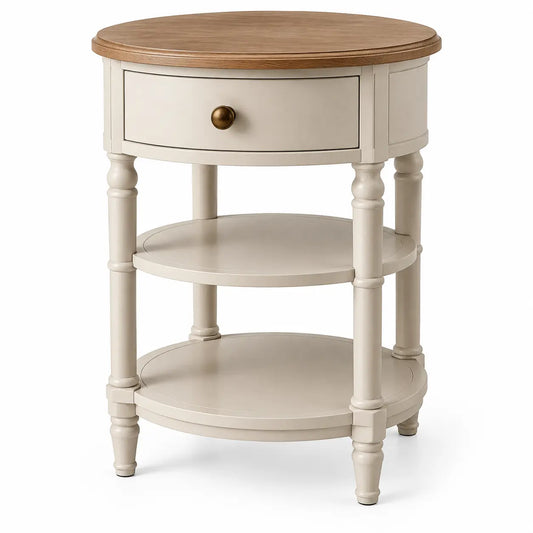 Round-edged white and brown storage side table from periodpieceshop, featuring a sleek, modern design with spacious compartments.