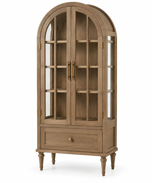 Brown storage cabinet with arched glass doors, vintage-style vitrines for elegant display and storage.