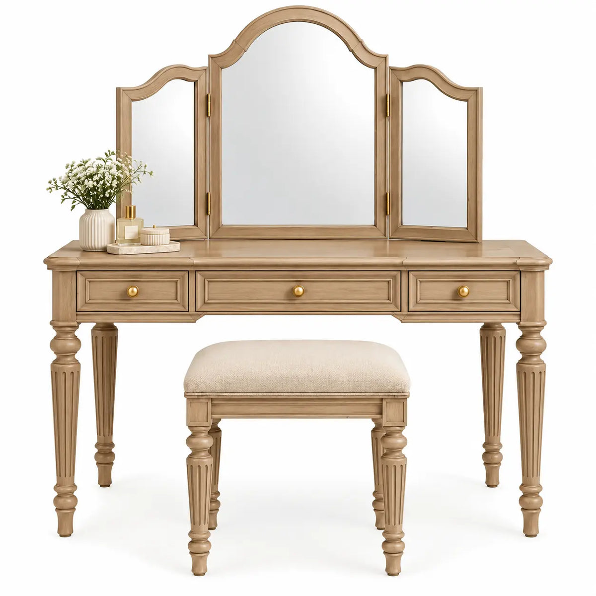 Elegant brown and beige three-section mirror vanity table with storage, suitable for bedroom decor.