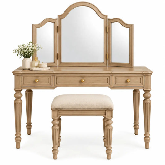 Elegant brown and beige three-section mirror vanity table with storage, suitable for bedroom decor.