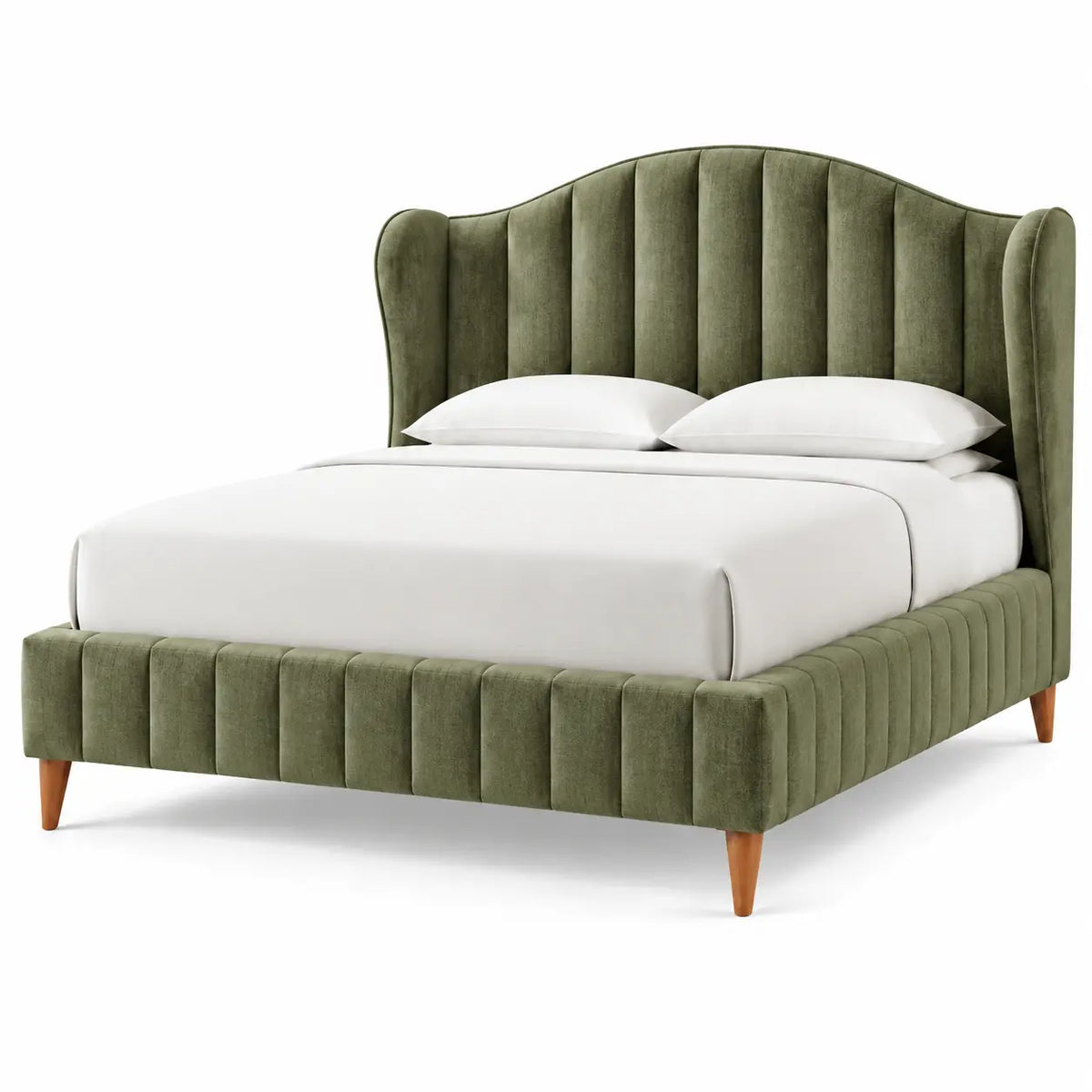 Green and brown bed frame with rounded contoured headboard, modern furniture piece for bedroom decor.