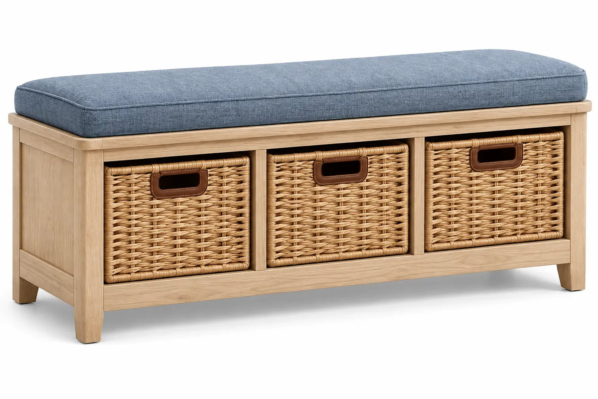 Wooden bench with padded seat, brown and blue upholstery, featuring woven detailing, ideal for stylish seating in living spaces.
