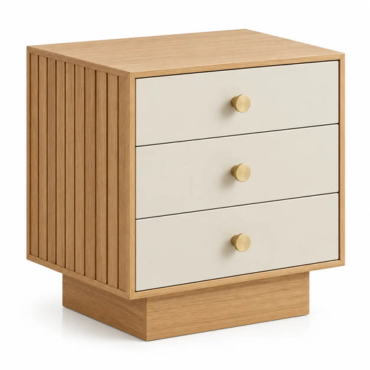 Wooden accent table with storage, featuring vertical line details and drawers in brown and white, from PeriodPieceShop.