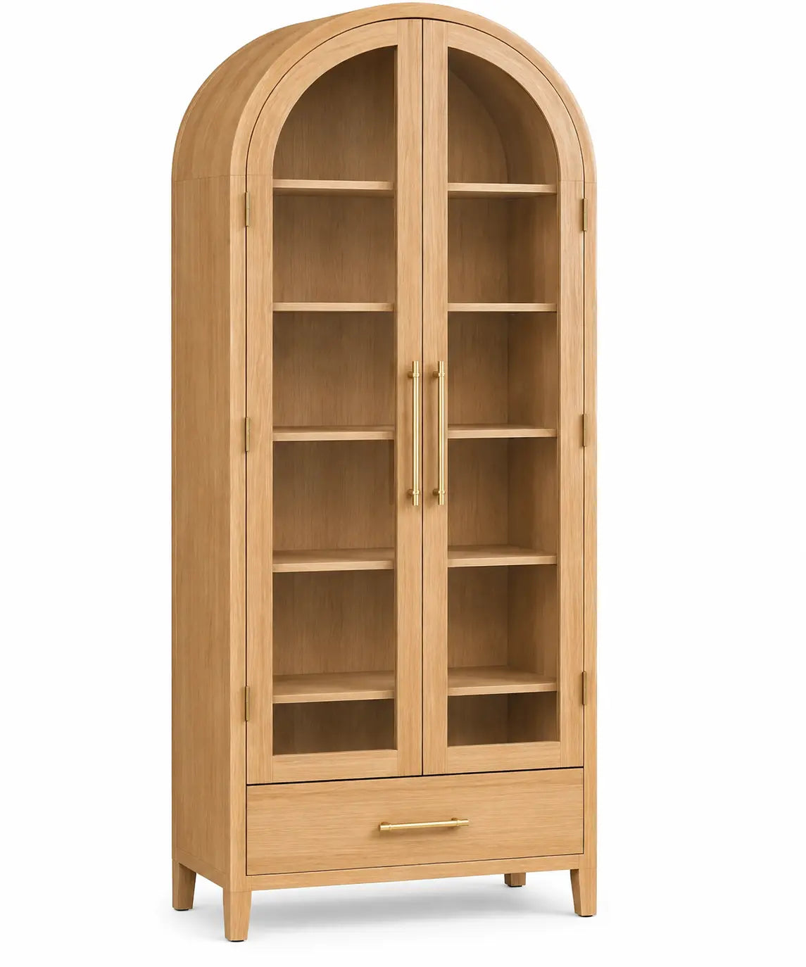 Brown storage cabinet with arched design, vintage-style vitrines, crafted by periodpieceshop, showcasing elegant antique furniture.