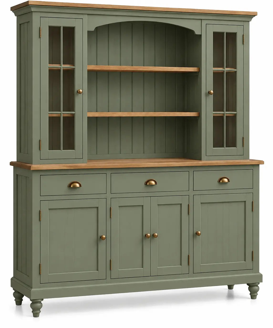 Green and brown storage bookshelf with glass-paneled doors, made of wood, showcasing a stylish and functional furniture piece.