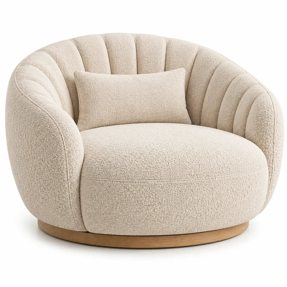 Beige upholstered curved line armchair with channel-tufted cushioning, modern furniture piece by periodpieceshop.