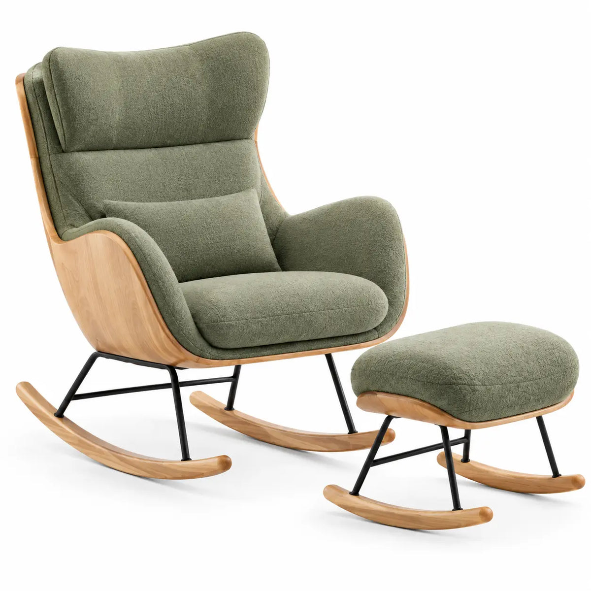 Green and brown high-backed rocking chair with matching footrest, made by Period Piece Shop, showcasing comfortable, stylish furniture.