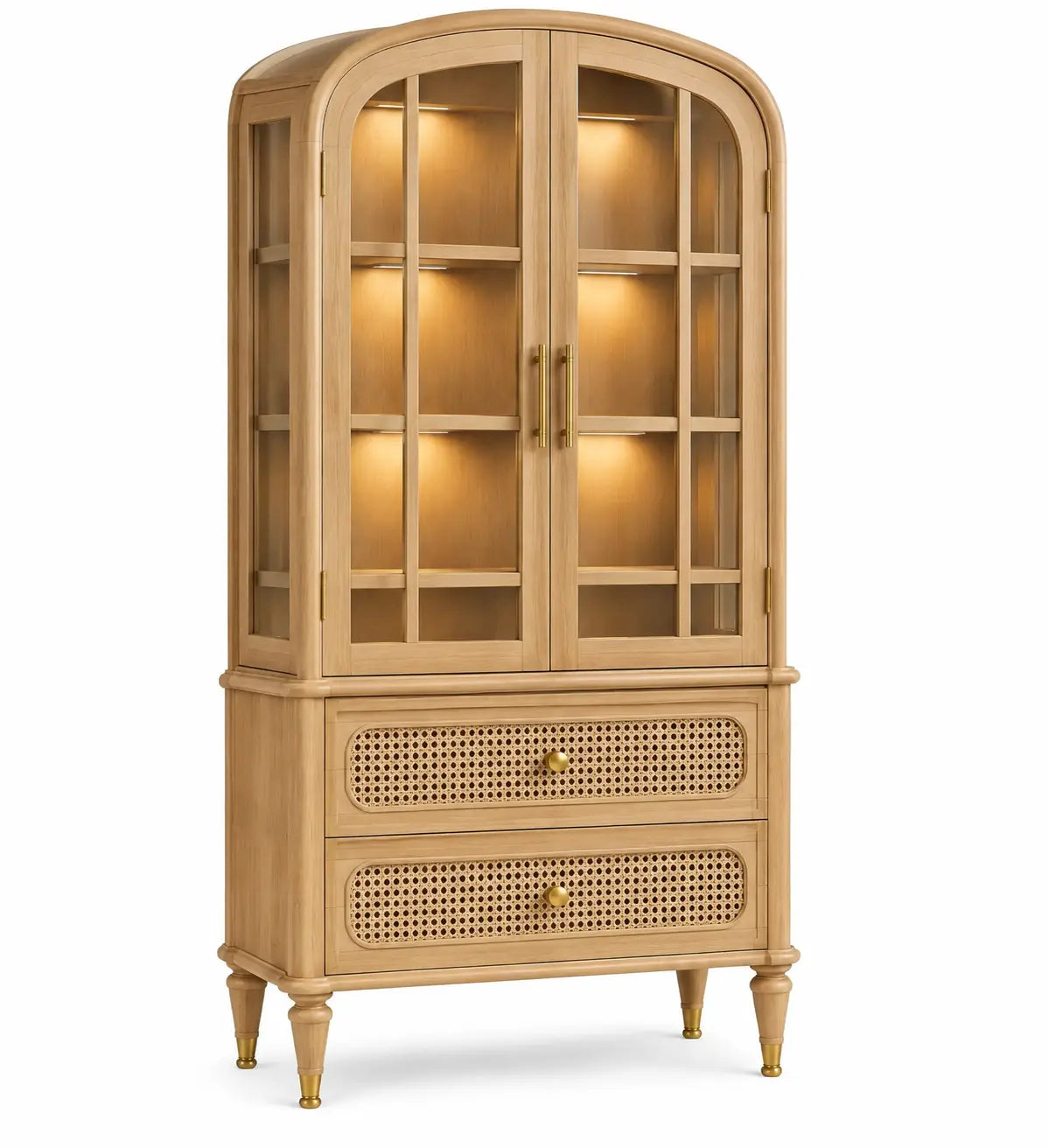 Wooden storage vitrine with arched shapes and drawers in brown, stylish furniture piece from Period Piece Shop.