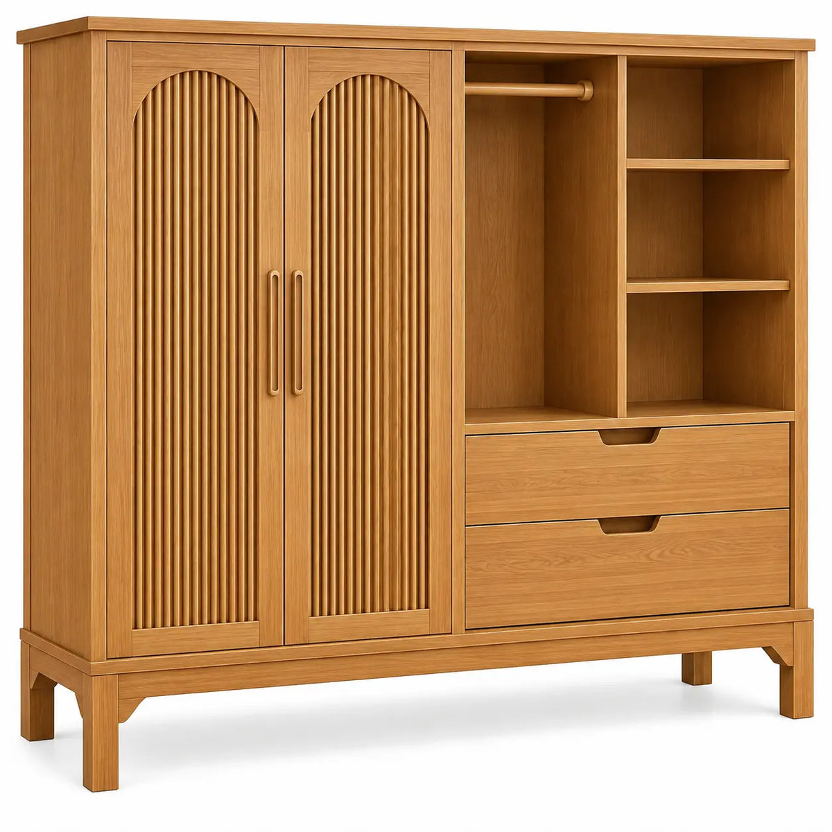 Brown storage cabinet with arched shapes and shelves, featuring a vintage-style wooden furniture design.