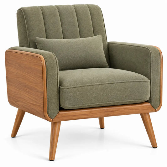 A green and brown upholstered armchair with quilted channel-tufted design, ideal for stylish living room furniture.