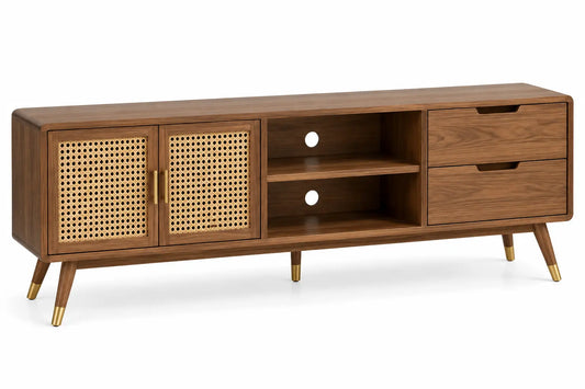 Wooden TV stand with woven details and open shelves in a rich brown finish, ideal for modern living rooms.