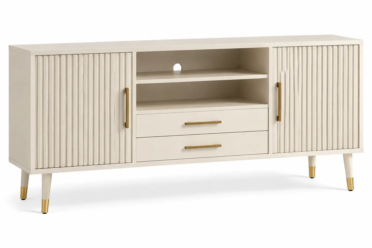 White and brown TV media console with vertical line details and open shelves, modern furniture piece from Period Piece Shop.