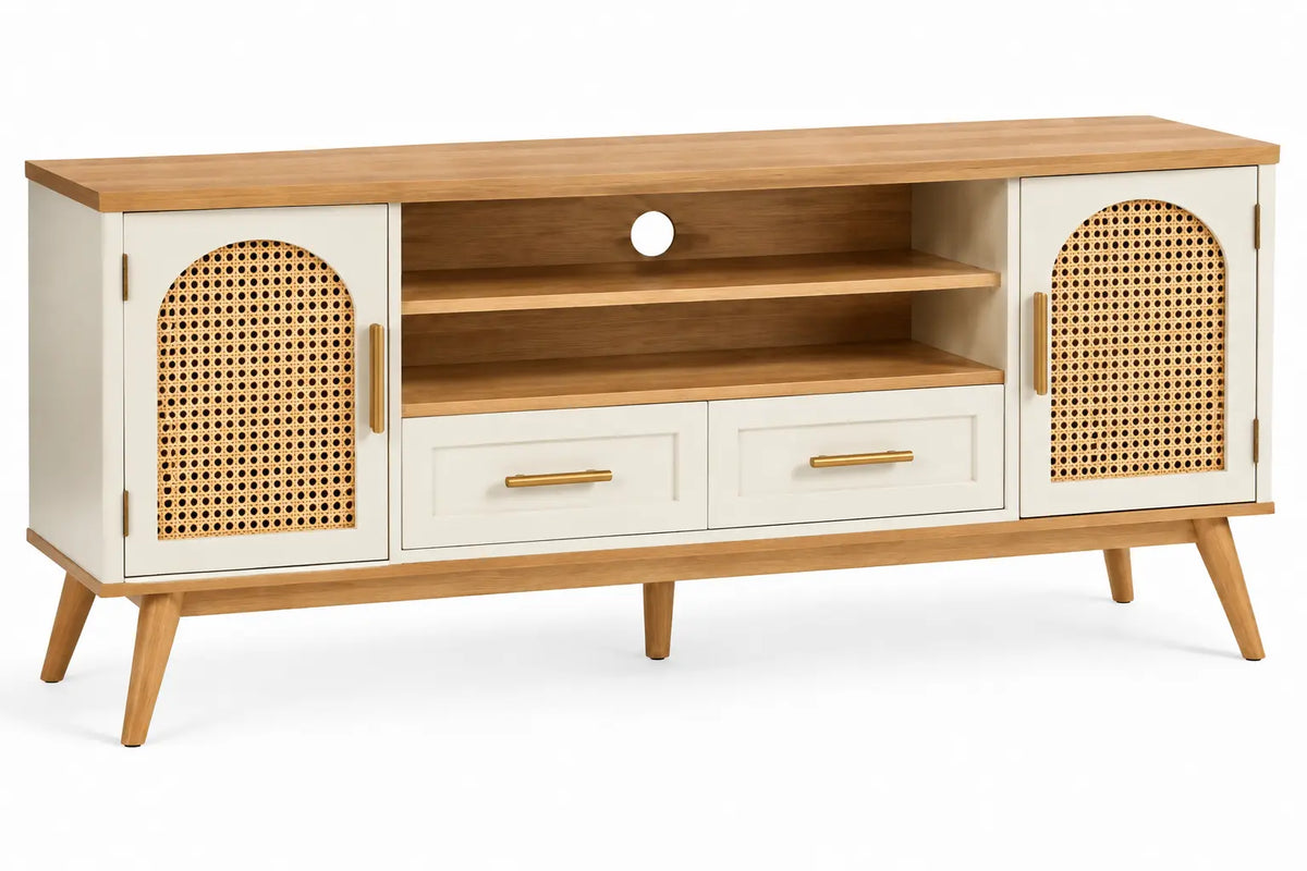 White and brown TV stand with woven details and open shelves, modern furniture piece for living room entertainment setup.